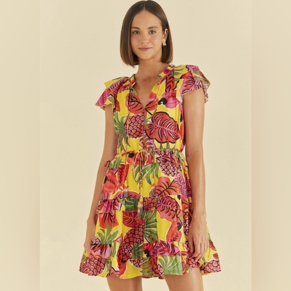 FARM Rio Yellow Fruit Dream Ruffle Mini Dress Multi Sz XS Like New!